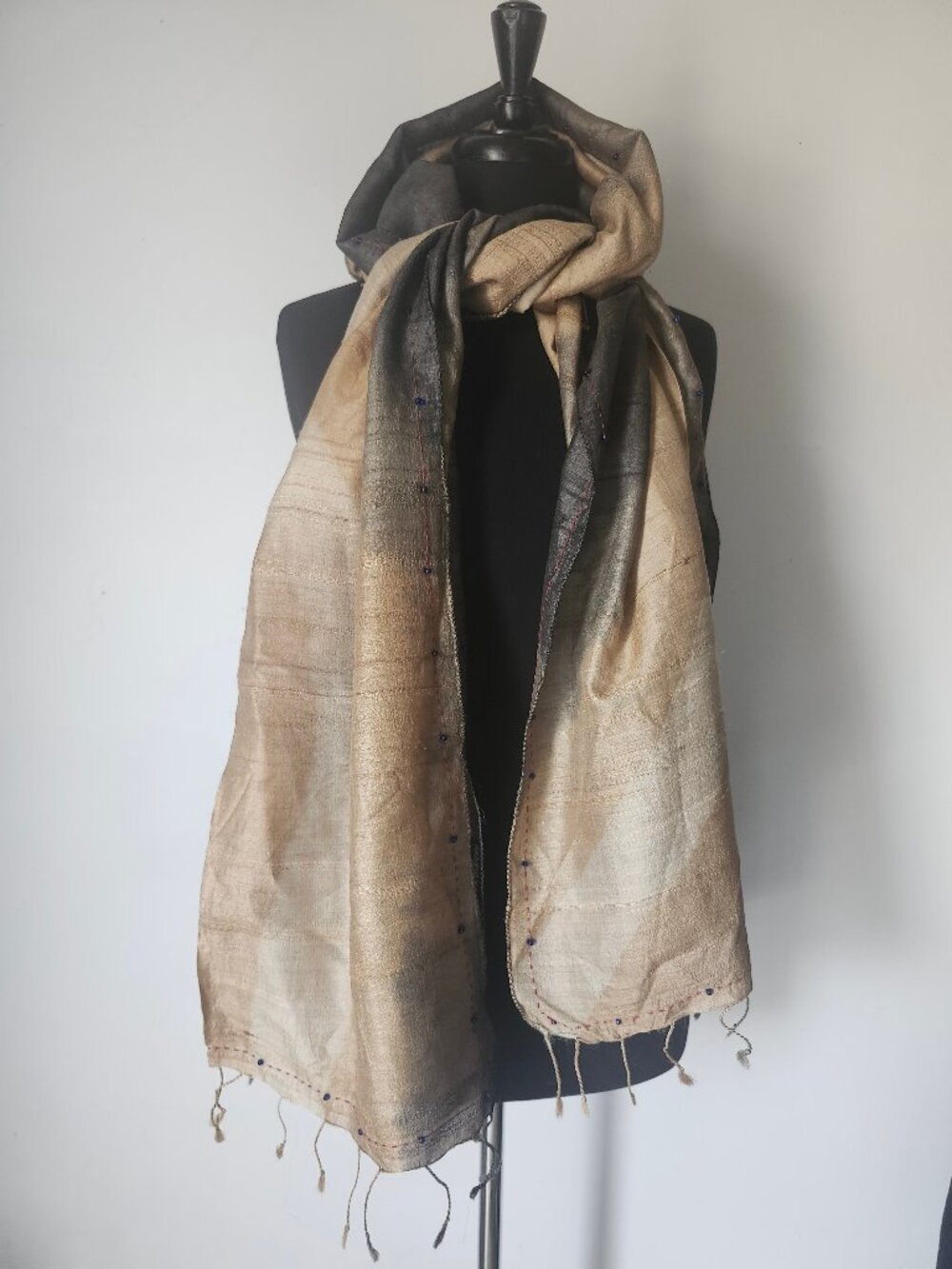 ARANYA Naturals Hand Dyed and Woven Beaded Tassle Scarf